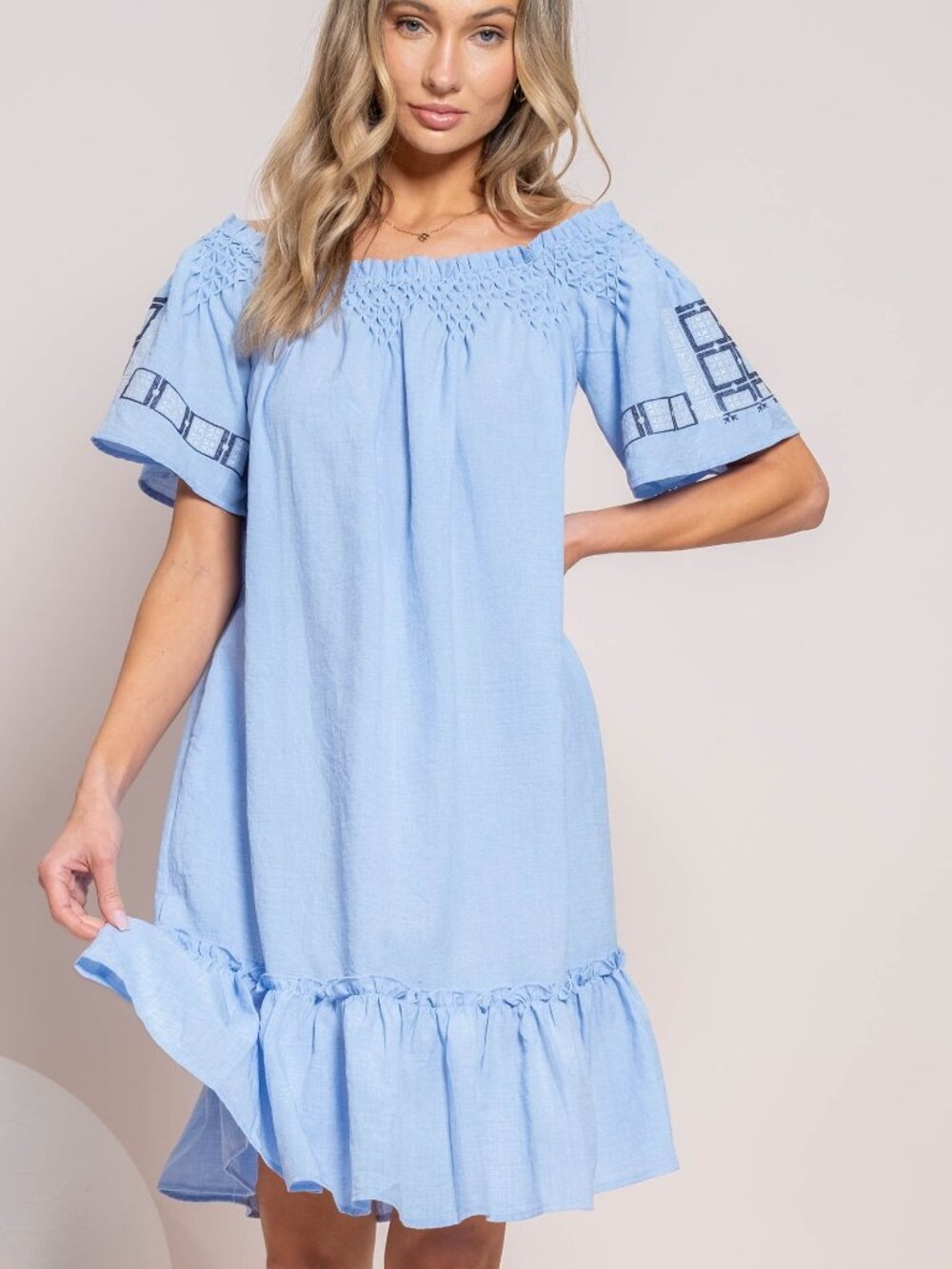 B94 Off Shoulder Embroidered Dress Midi Blue NEW